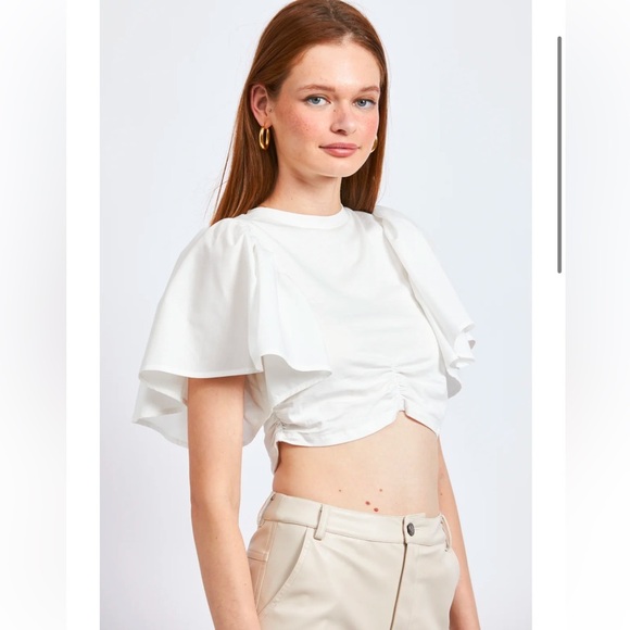 Anthropologie En Saison Nora Crop Top Flutter Sleeves Size S White Ruffle - Picture 2 of 8